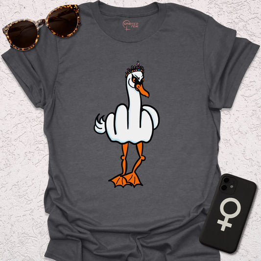 A heather grey t-shirt with a stylized swan graphic based on a middle-finger gesture