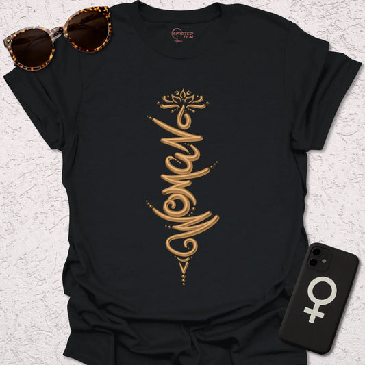 Black t-shirt with the word woman written as a  Unalome symbol in gold style color 