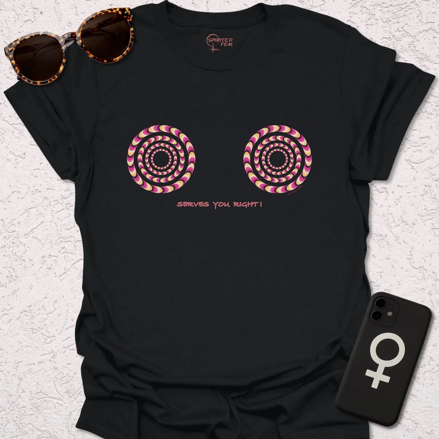 A black t-shirt with an optical illusion to stop people staring at breasts