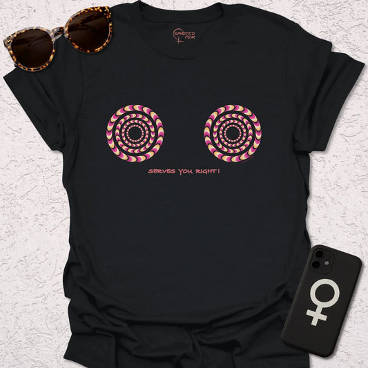 A black t-shirt with an optical illusion to stop people staring at breasts